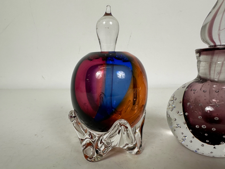 Pair Of Vintage Art Glass Perfume Bottles 4.5'H & 5.25'H [Photo 2]