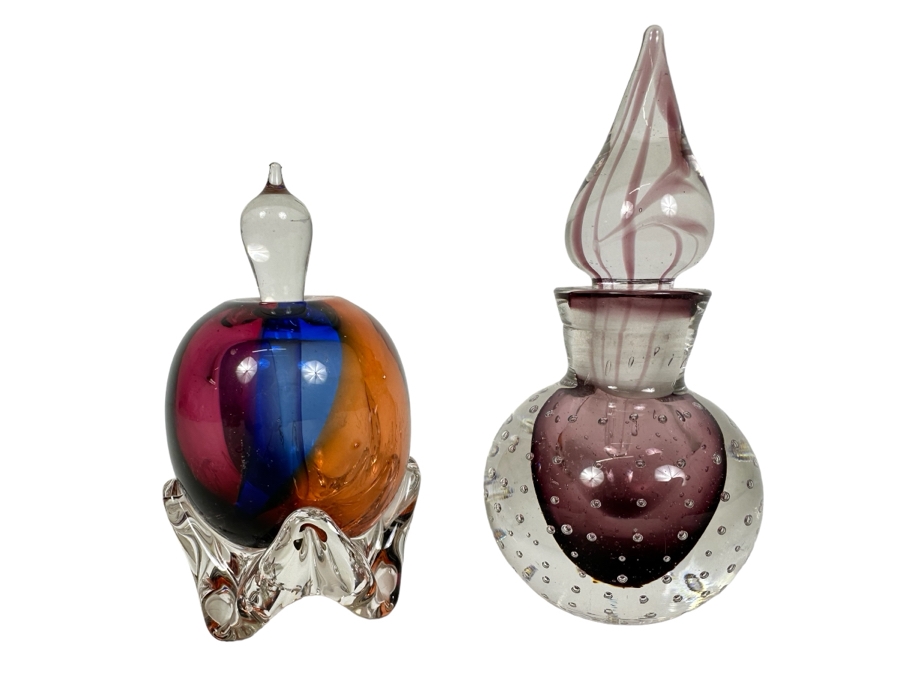 Pair Of Vintage Art Glass Perfume Bottles 4.5'H & 5.25'H [Photo 1]