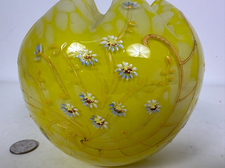Vintage Yellow Hand Painted Art Glass Rose Bowl 5'H [Photo 2]