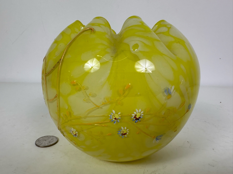 Vintage Yellow Hand Painted Art Glass Rose Bowl 5'H [Photo 3]