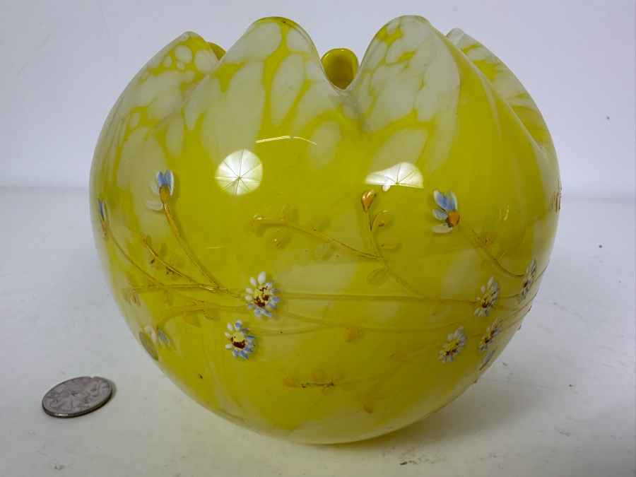 Vintage Yellow Hand Painted Art Glass Rose Bowl 5'H [Photo 4]