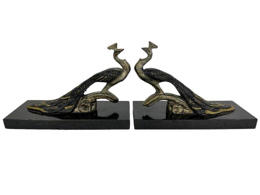 Pair Of Contemporary Metal Peacock Bookends With Black Marble Bases 8.5'W X 3.5'D X 6'H [Photo 1]