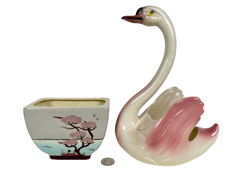 Vintage Hand Decorated Weil Ware California Pottery Planter 4.25'H And Vintage Maddux California Pottery Swan Planter 10.5'H