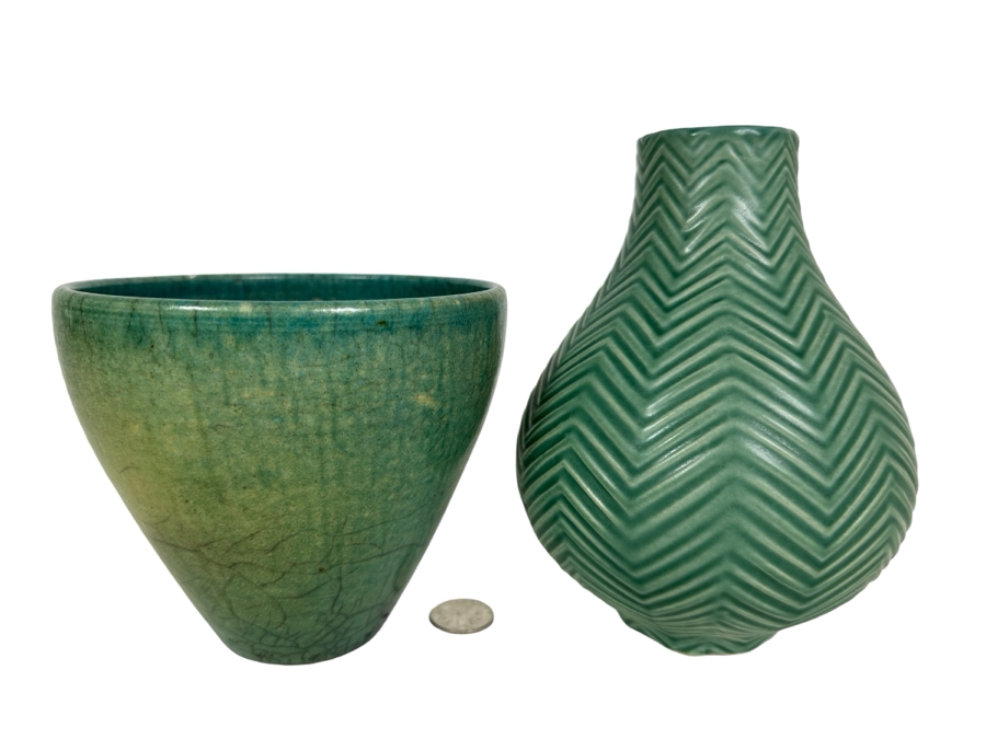 Raku Art Pottery Pot 5.5'H (L) And Jonathan Adler Vase 7.25'H (R)