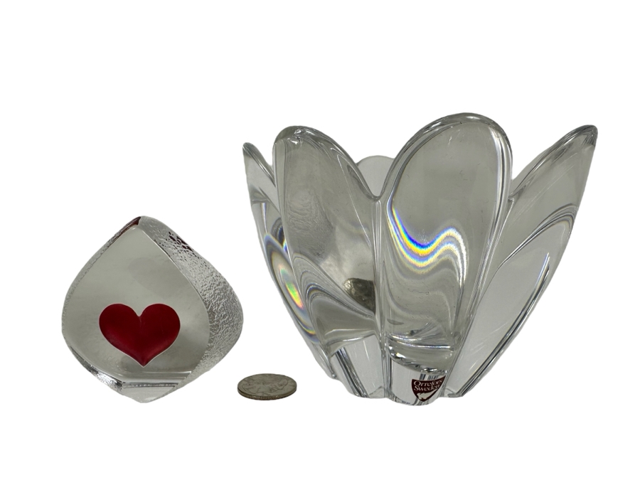Swedish Art Glass: Mats Jonasson Heart Paperweight 2.5'H & Orrefors Crystal Bowl 3.5'H [Photo 2]