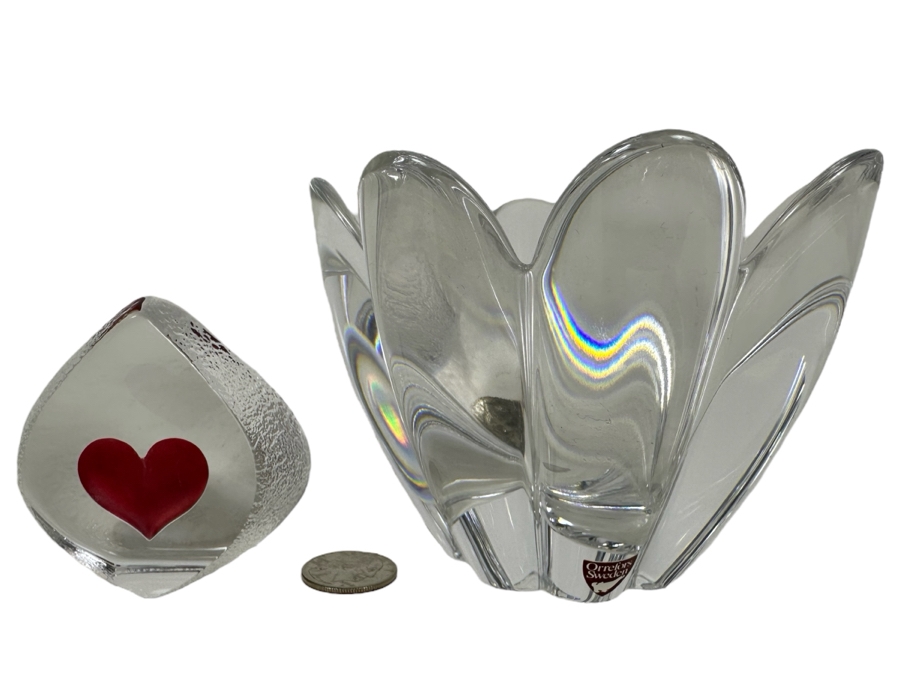 Swedish Art Glass: Mats Jonasson Heart Paperweight 2.5'H & Orrefors Crystal Bowl 3.5'H [Photo 1]