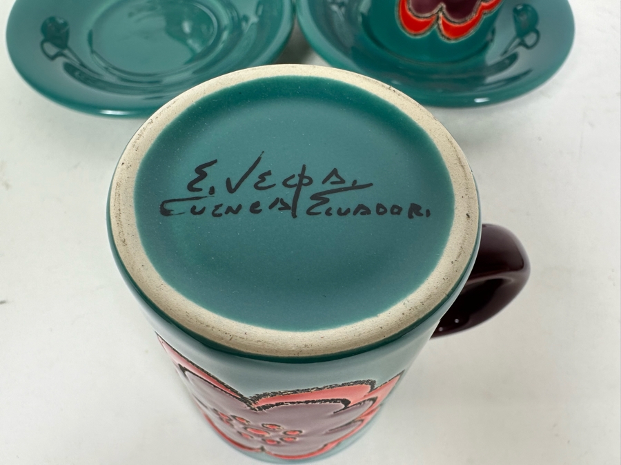Vintage MCM Arist Signed Cups & Saucers From Ecuador 3.5'H [Photo 3]