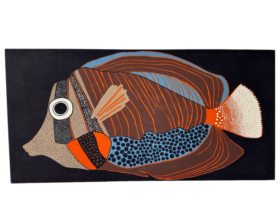 Vintage Silk Screen Fish Artwork (Note Slight Tear In Fabric) 60' X 30'