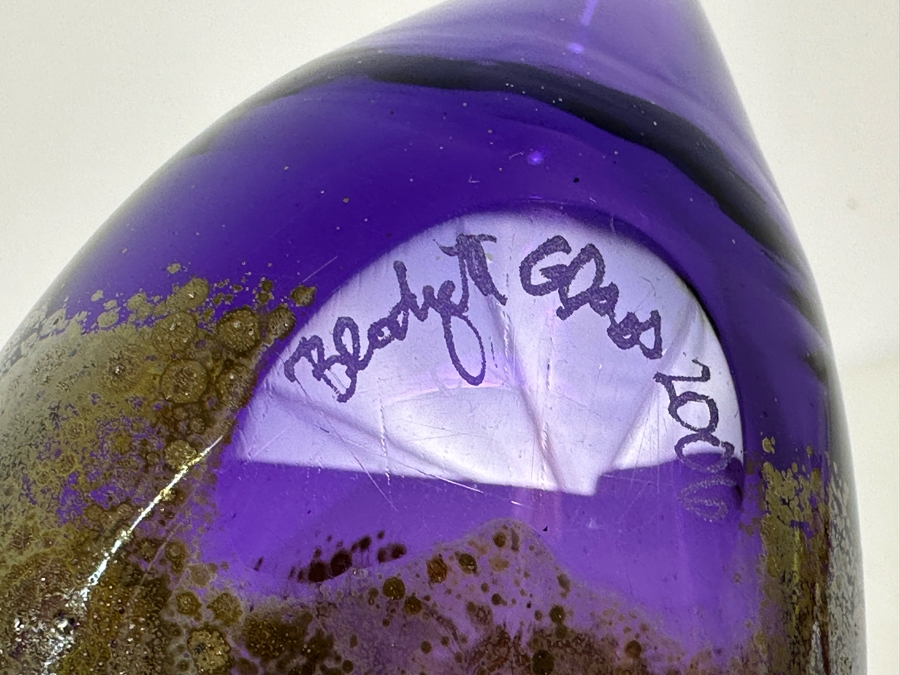Signed Purple With Gold Art Glass Oil Lamp By Buzz Blodgett Glass 8'W X 4'H [Photo 4]