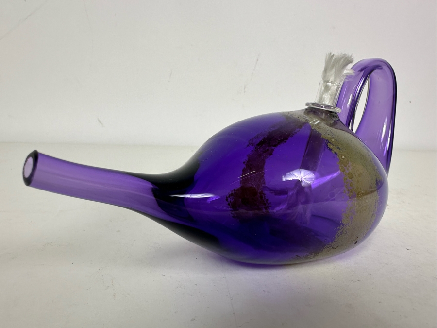 Signed Purple With Gold Art Glass Oil Lamp By Buzz Blodgett Glass 8'W X 4'H [Photo 2]