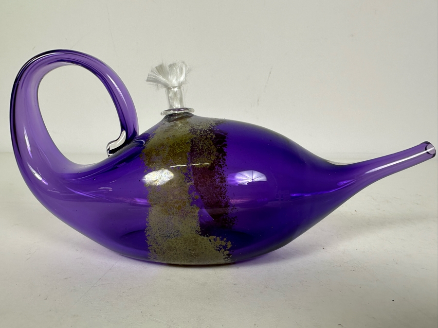 Signed Purple With Gold Art Glass Oil Lamp By Buzz Blodgett Glass 8'W X 4'H [Photo 3]