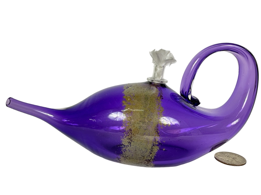 Signed Purple With Gold Art Glass Oil Lamp By Buzz Blodgett Glass 8'W X 4'H