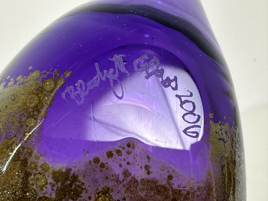 Signed Purple With Gold Art Glass Oil Lamp By Buzz Blodgett Glass 8'W X 4'H [Photo 5]
