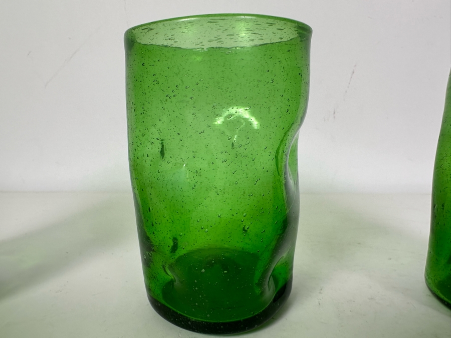 Three Hand Blown Blenko Dimple Glass Tumbers In Green 4.5'H [Photo 4]