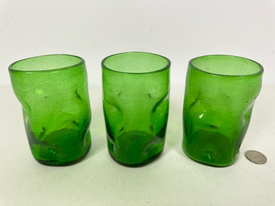 Three Hand Blown Blenko Dimple Glass Tumbers In Green 4.5'H [Photo 2]