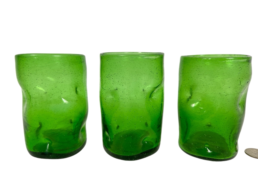 Three Hand Blown Blenko Dimple Glass Tumbers In Green 4.5'H