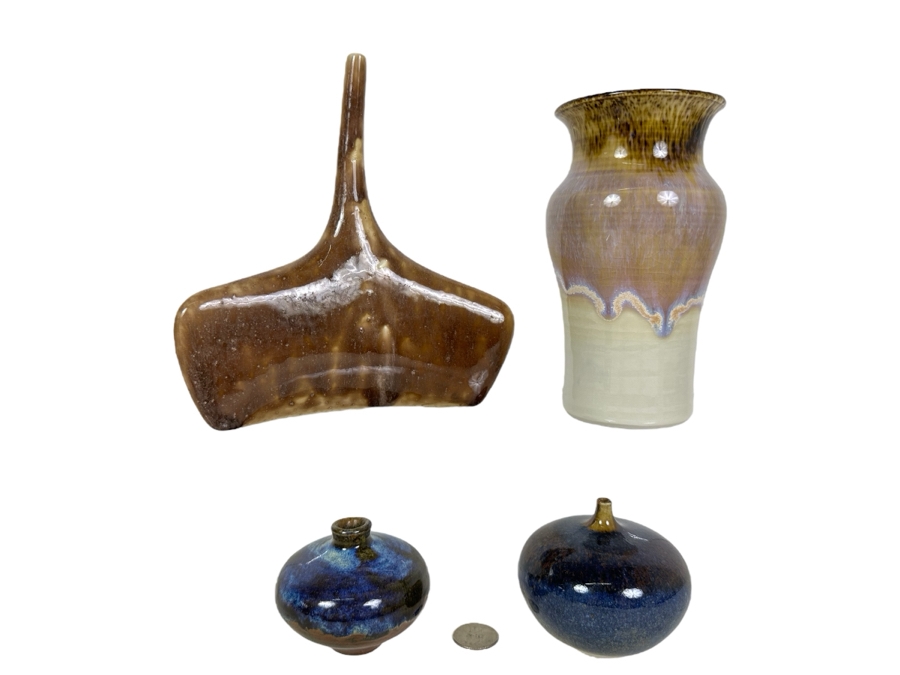 Four Signed Glazed Pottery Vases - Tallest Is 7.5'H