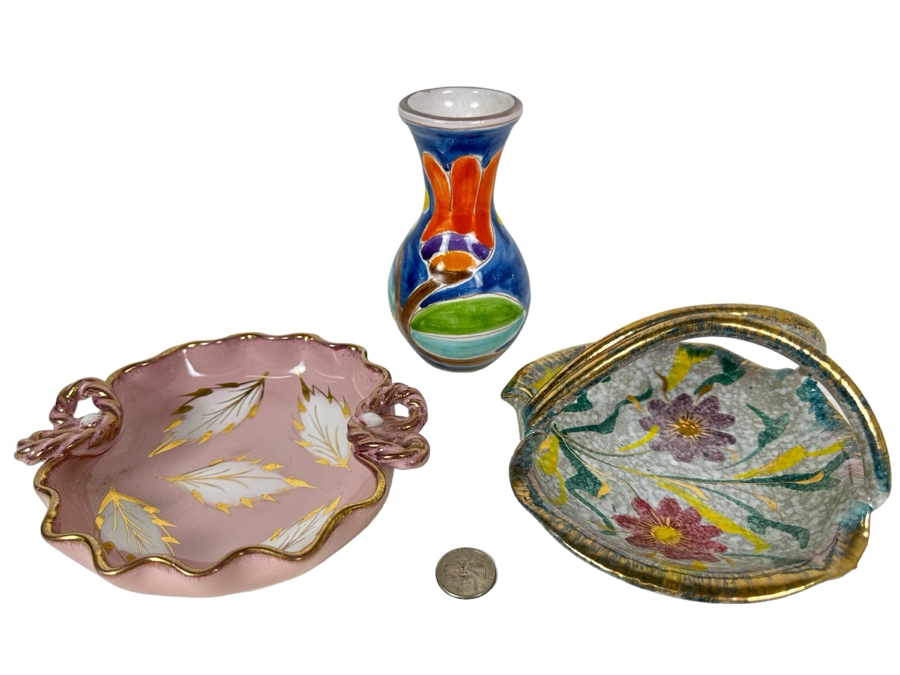 Vintage Italian Hand Painted Pair Of Dishes And Vase 6'