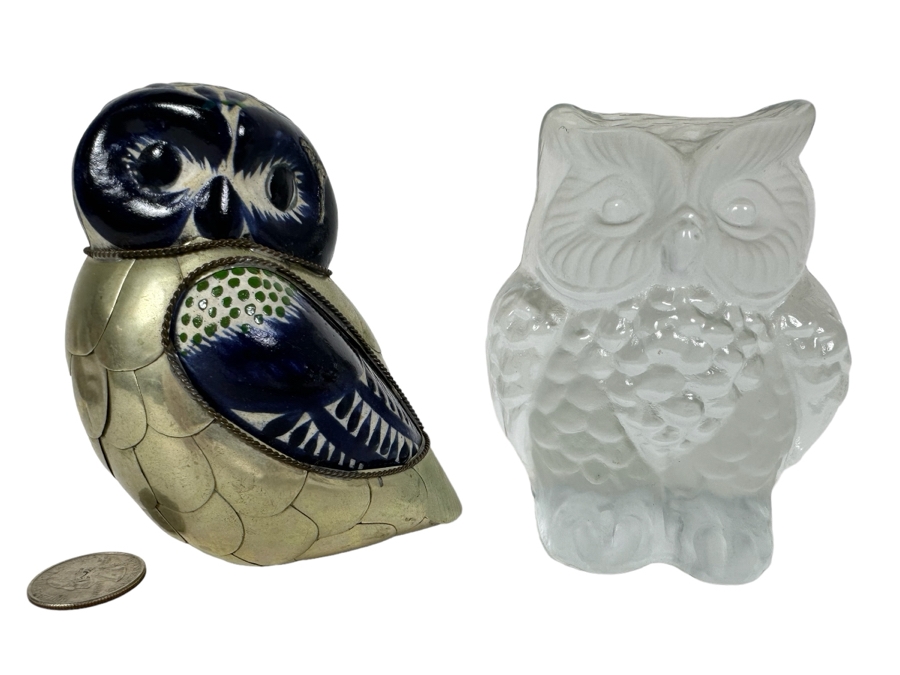 Vintage Viking Glass Owl And Mexican Folk Art Owl 4.5'H
