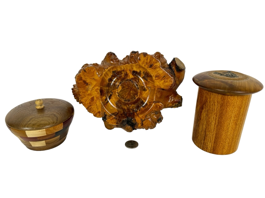 Pair Of Signed Wooden Art Boxes 3'H & 5'H And Vintage Turned Burl Bowl ...