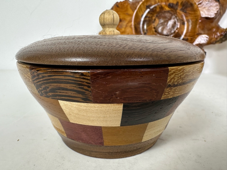 Pair Of Signed Wooden Art Boxes 3'H & 5'H And Vintage Turned Burl Bowl 8.5'W [Photo 10]