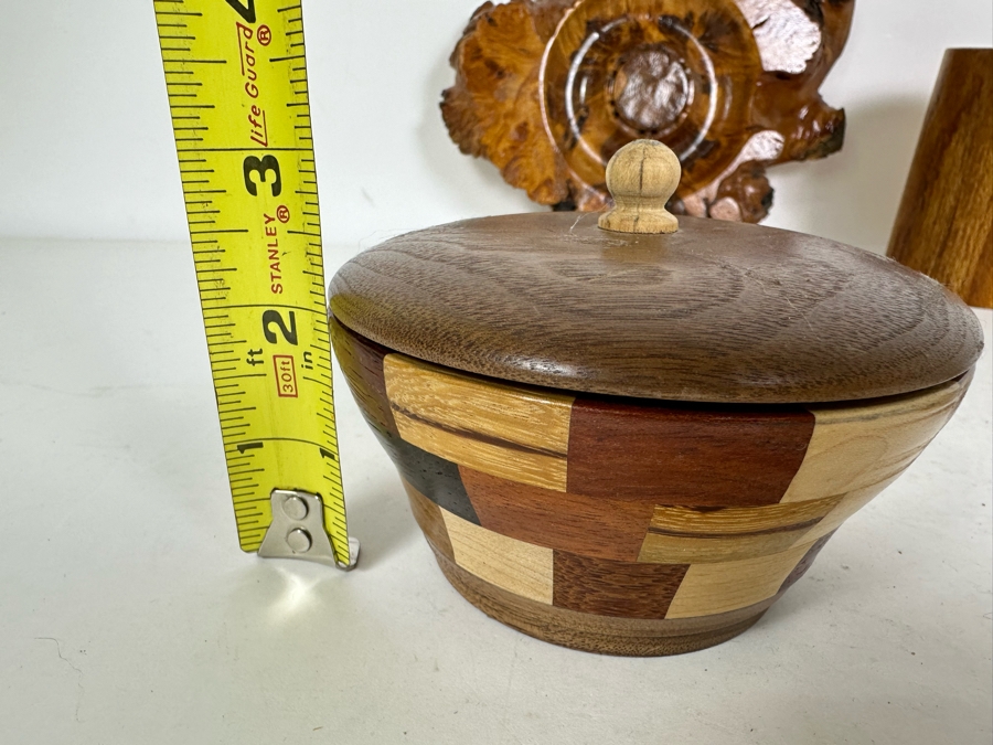 Pair Of Signed Wooden Art Boxes 3'H & 5'H And Vintage Turned Burl Bowl 8.5'W [Photo 13]