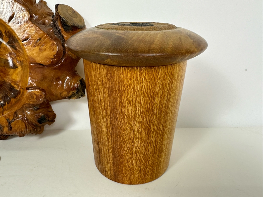 Pair Of Signed Wooden Art Boxes 3'H & 5'H And Vintage Turned Burl Bowl 8.5'W [Photo 4]
