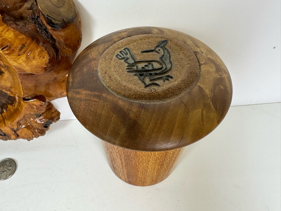 Pair Of Signed Wooden Art Boxes 3'H & 5'H And Vintage Turned Burl Bowl 8.5'W [Photo 3]