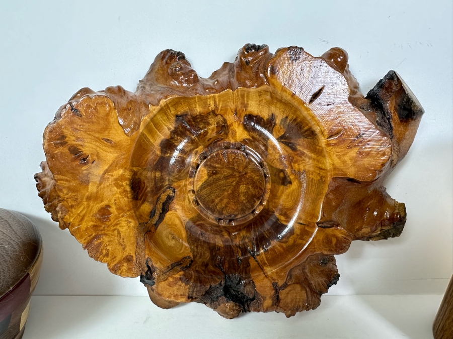 Pair Of Signed Wooden Art Boxes 3'H & 5'H And Vintage Turned Burl Bowl 8.5'W [Photo 2]