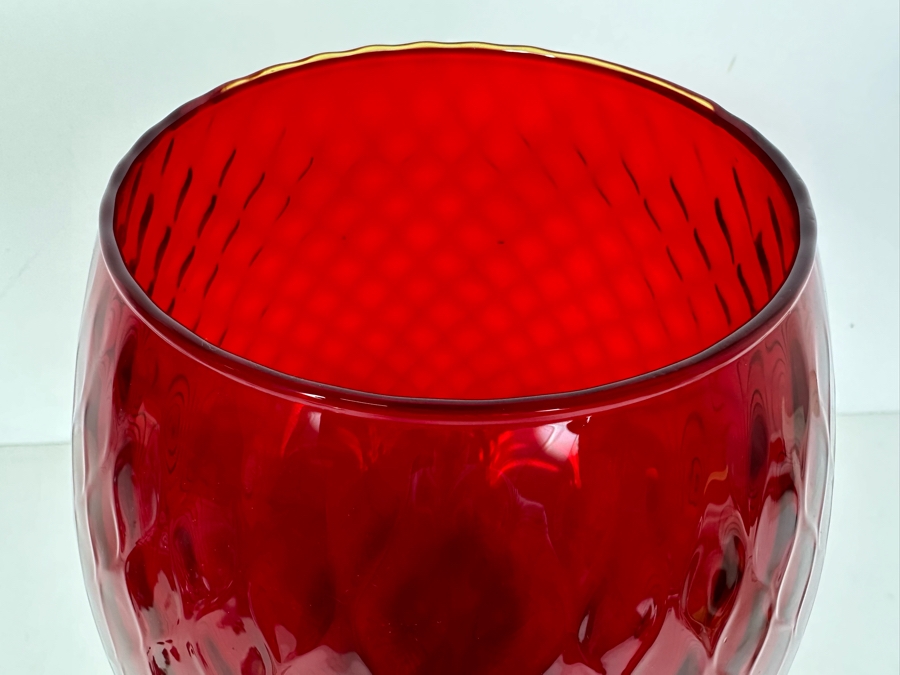Vintage Mid-Century Large Italian Empoli Diamond Optic Art Glass Goblet Ruby Red Vase 12'H [Photo 4]