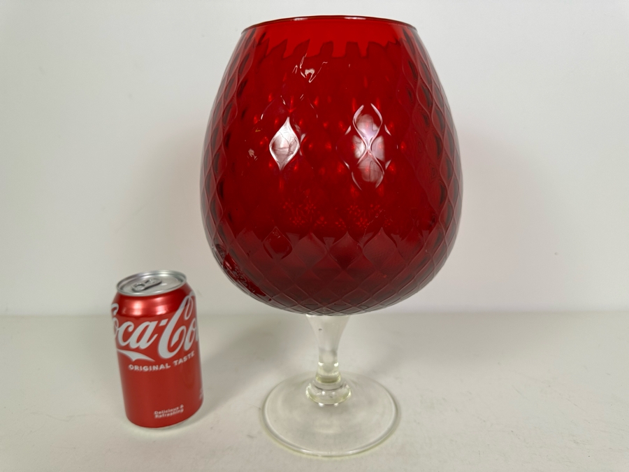 Vintage Mid-Century Large Italian Empoli Diamond Optic Art Glass Goblet Ruby Red Vase 12'H [Photo 2]