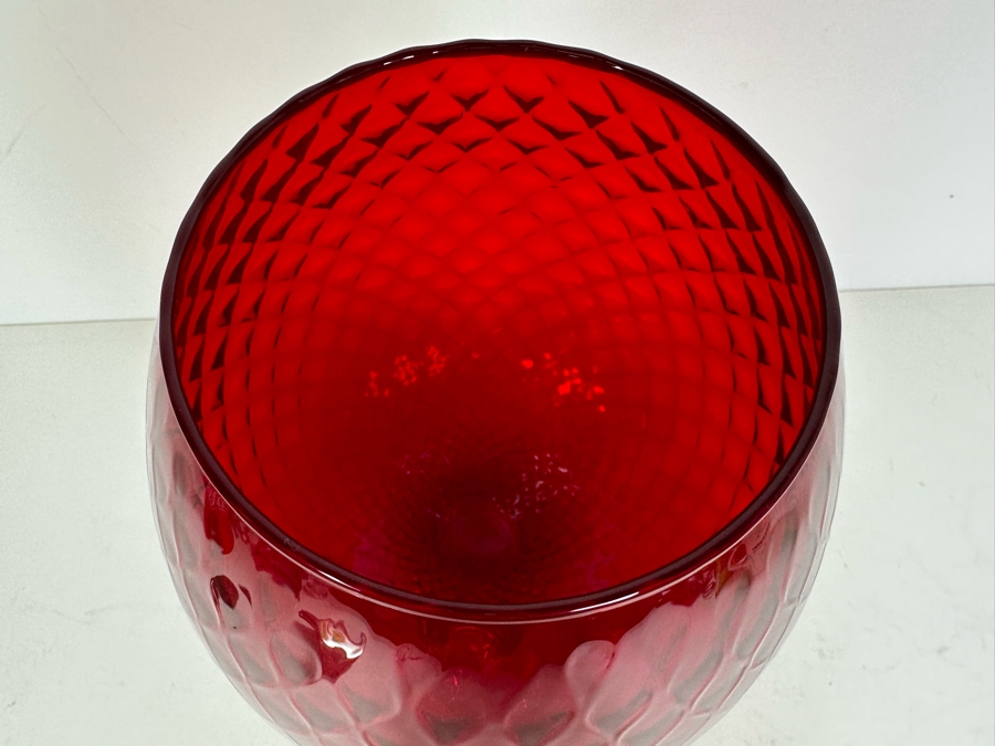 Vintage Mid-Century Large Italian Empoli Diamond Optic Art Glass Goblet Ruby Red Vase 12'H [Photo 5]