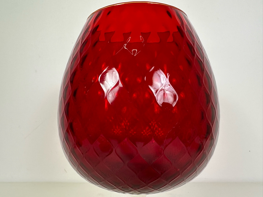 Vintage Mid-Century Large Italian Empoli Diamond Optic Art Glass Goblet Ruby Red Vase 12'H [Photo 7]