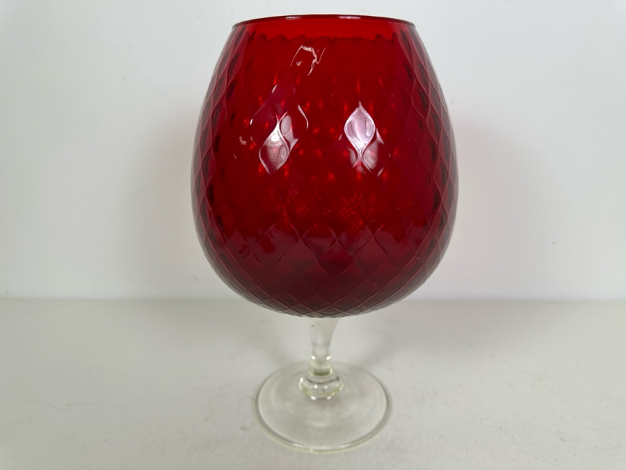 Vintage Mid-Century Large Italian Empoli Diamond Optic Art Glass Goblet Ruby Red Vase 12'H [Photo 3]