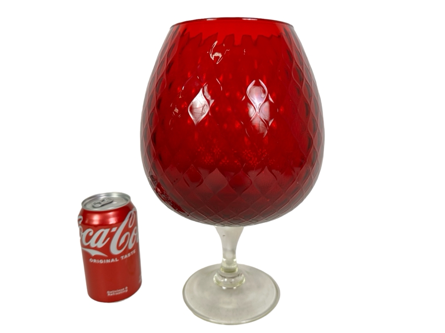 Vintage Mid-Century Large Italian Empoli Diamond Optic Art Glass Goblet Ruby Red Vase 12'H [Photo 1]