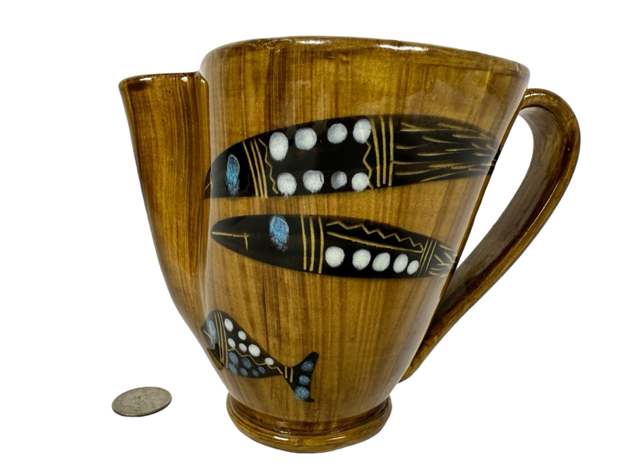Mid-Century Modern Italian Ceramic Pitcher Hand Painted With Fish 5'H [Photo 1]