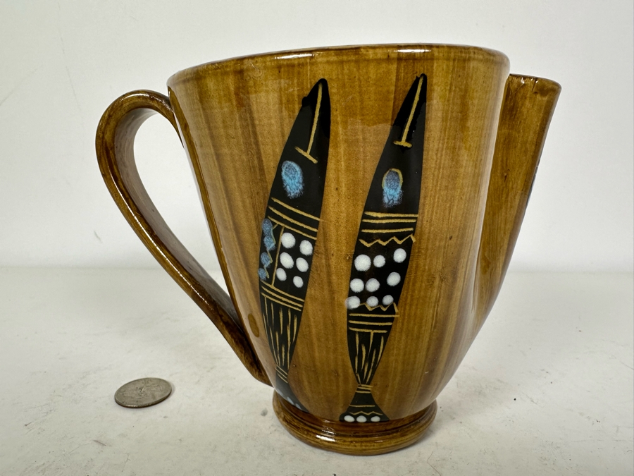 Mid-Century Modern Italian Ceramic Pitcher Hand Painted With Fish 5'H [Photo 4]
