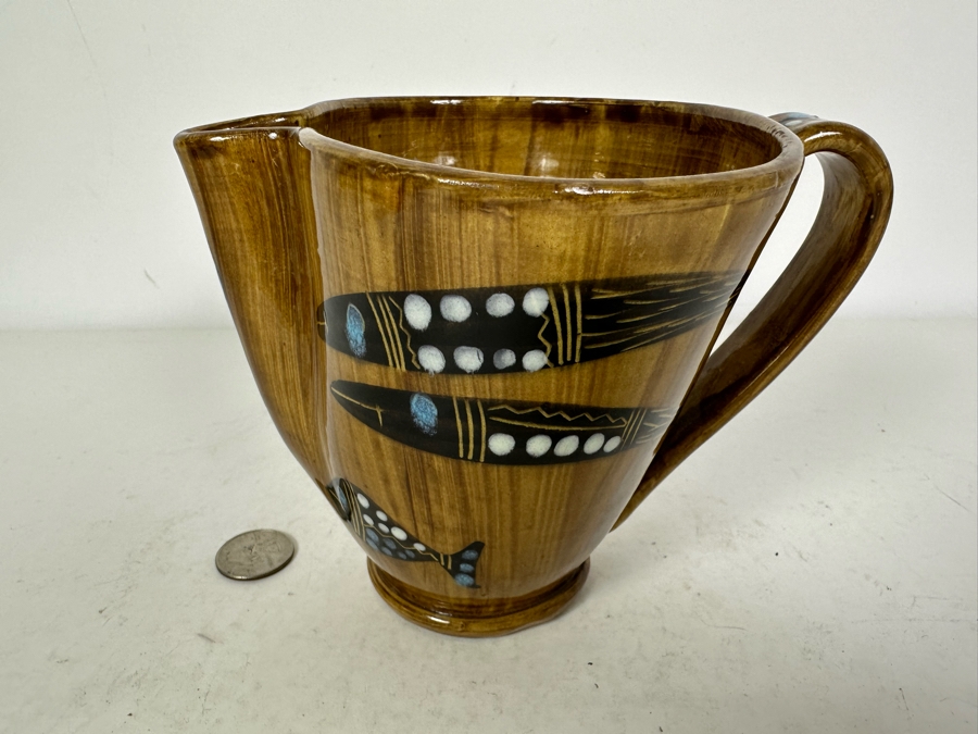 Mid-Century Modern Italian Ceramic Pitcher Hand Painted With Fish 5'H [Photo 2]