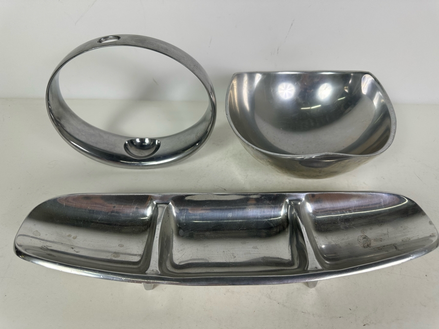 Neil Cohen For Nambe Globe Bud Vase 7'W (L), Nambe Bowl 530 7.5'W (R) And Dansk JHQ Metal Divided Serving Dish 14'W [Photo 2]