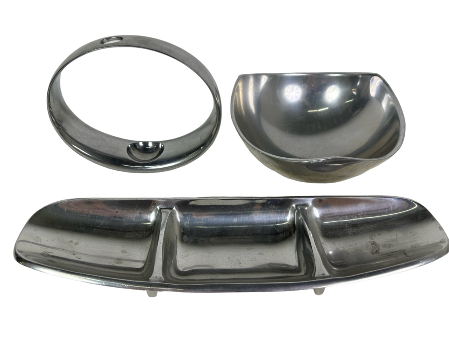 Neil Cohen For Nambe Globe Bud Vase 7'W (L), Nambe Bowl 530 7.5'W (R) And Dansk JHQ Metal Divided Serving Dish 14'W [Photo 1]