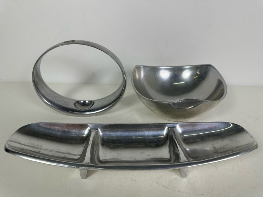 Neil Cohen For Nambe Globe Bud Vase 7'W (L), Nambe Bowl 530 7.5'W (R) And Dansk JHQ Metal Divided Serving Dish 14'W [Photo 3]