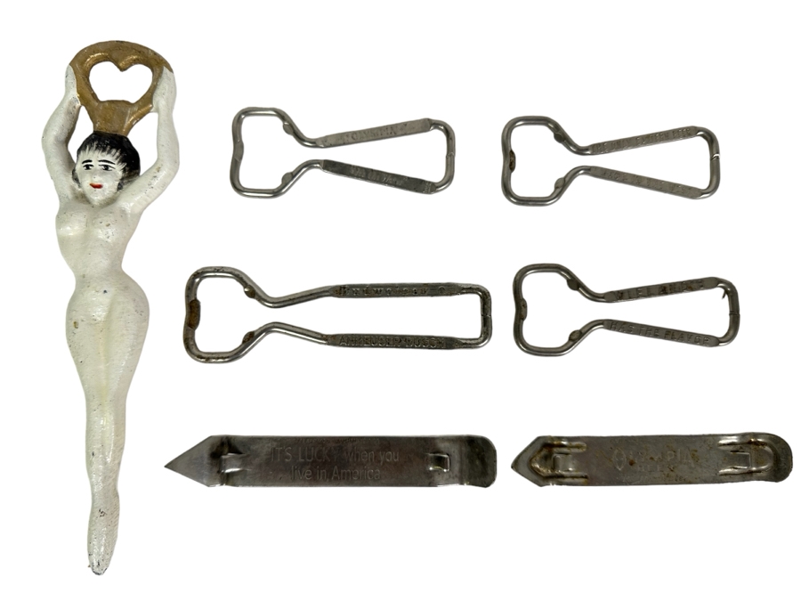 Collection Of Six Vintage Advertising Bottle Openers & Lady Bottle Opener