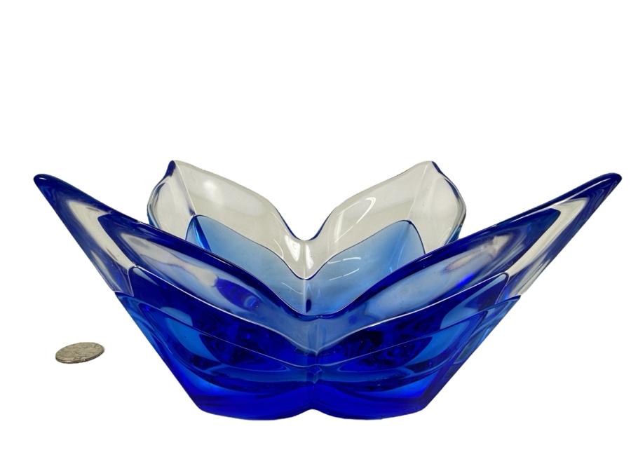 Signed Orrefors Lars Hellsten Lotus Blue Glass 4 Petal Bowl