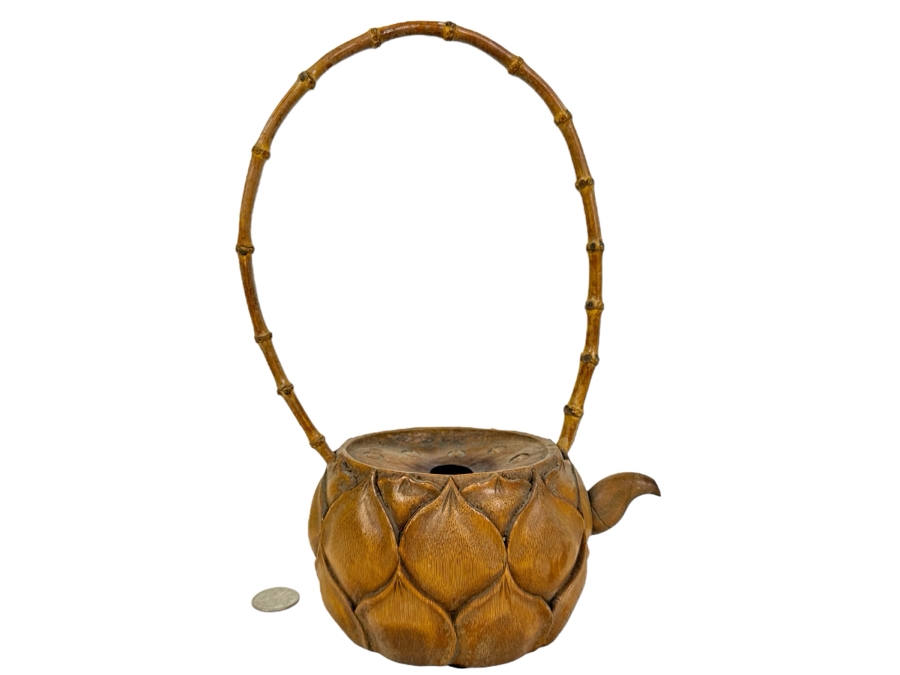 Bamboo Handled Carved Wooded Teapot/Pitcher 11'H