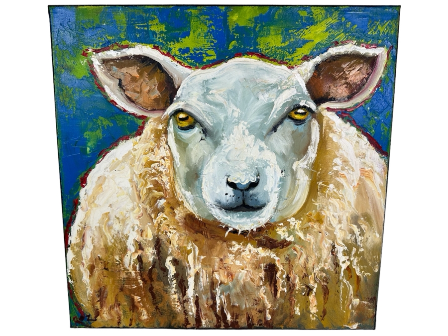 Artist Signed Roz Original Oil on Canvas Sheep Painting
