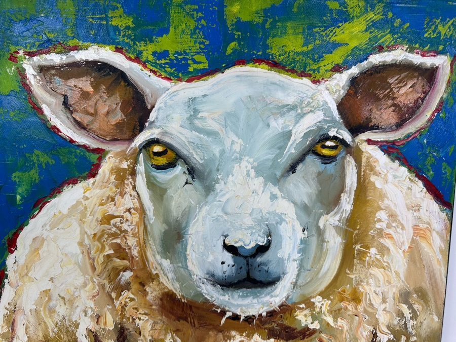 Artist Signed Roz Original Oil on Canvas Sheep Painting [Photo 2]