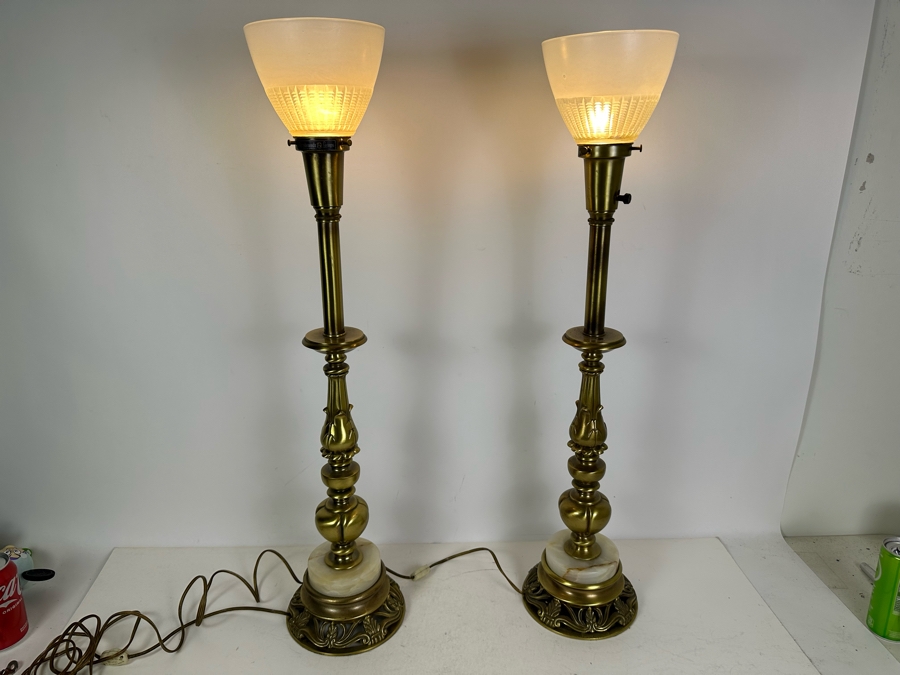 Pair of Rembrandt Hollywood Regency Torchiere Brass and Marble Table Lamps 30'H [Photo 2]