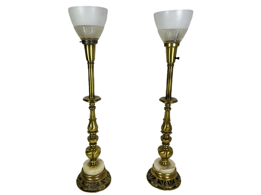 Pair of Rembrandt Hollywood Regency Torchiere Brass and Marble Table Lamps 30'H