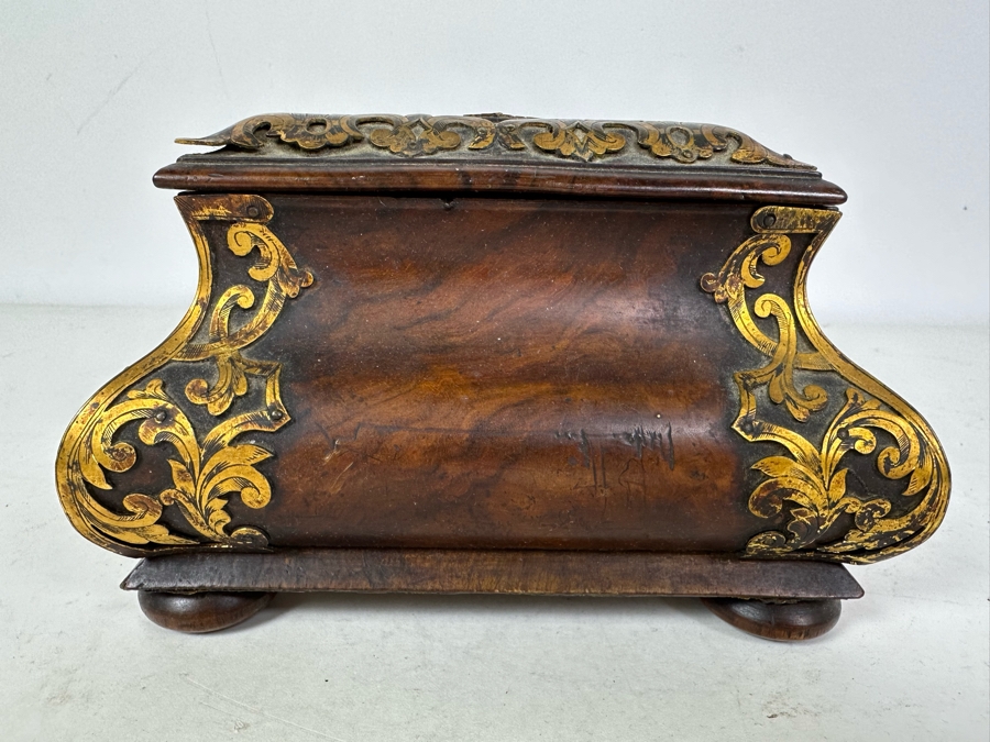 Antique Burled Walnut Footed Sewing Jewelry Desk Box With Metal Ornamentation See Photos For Damage 10.5'W X 7'D X 5'H [Photo 5]