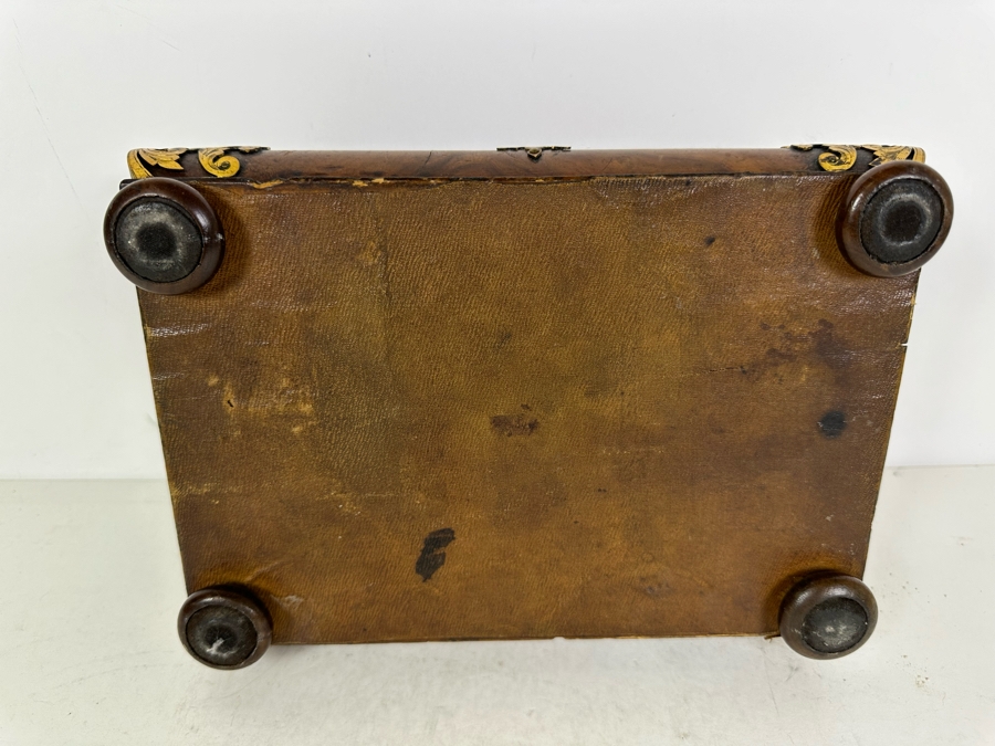 Antique Burled Walnut Footed Sewing Jewelry Desk Box With Metal Ornamentation See Photos For Damage 10.5'W X 7'D X 5'H [Photo 12]